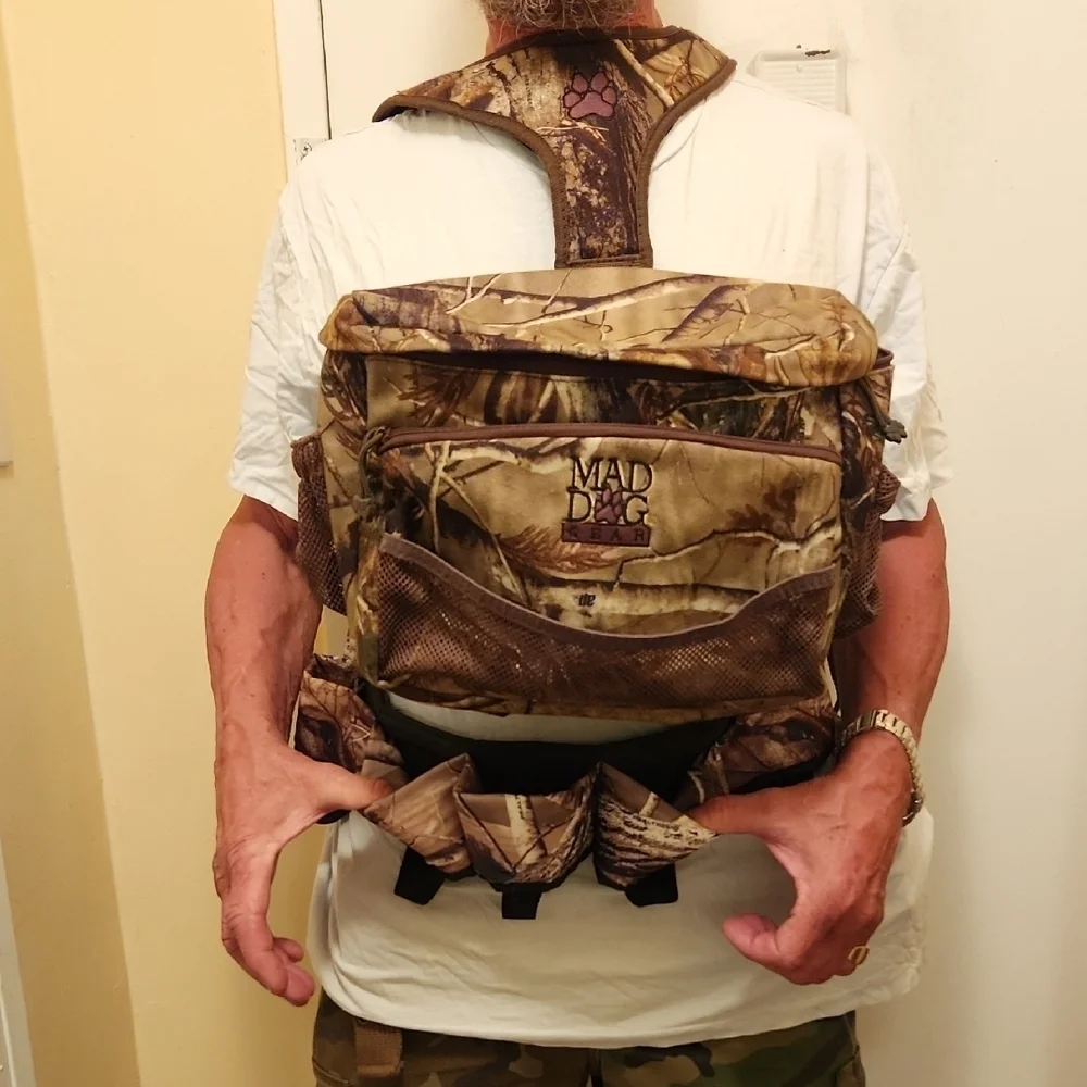 Bundle of 2 - Mad Dog Camo Backpack and Realtree Camo Hunter Outdoor Waist.